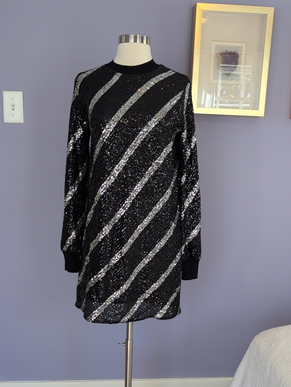 NWT AllSaints Black Sequin Striped Mini Dress (XS)